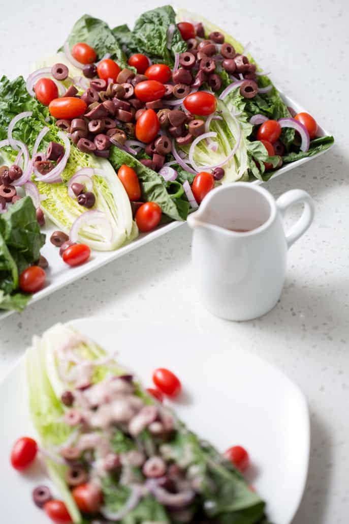 platter and plate of AIP Mediterranean Salad with Red Wine Vinaigrette