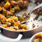 close up of spoon with Paleo Stuffing (AIP, Vegan option)