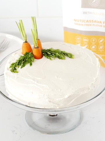 Paleo Carrot Cake with bag of Beth Blends on white counter