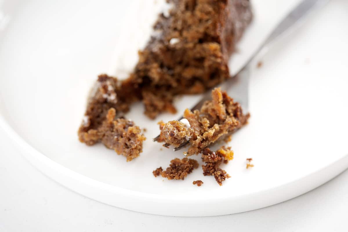 close up of forkful of Carrot Cake without Nuts