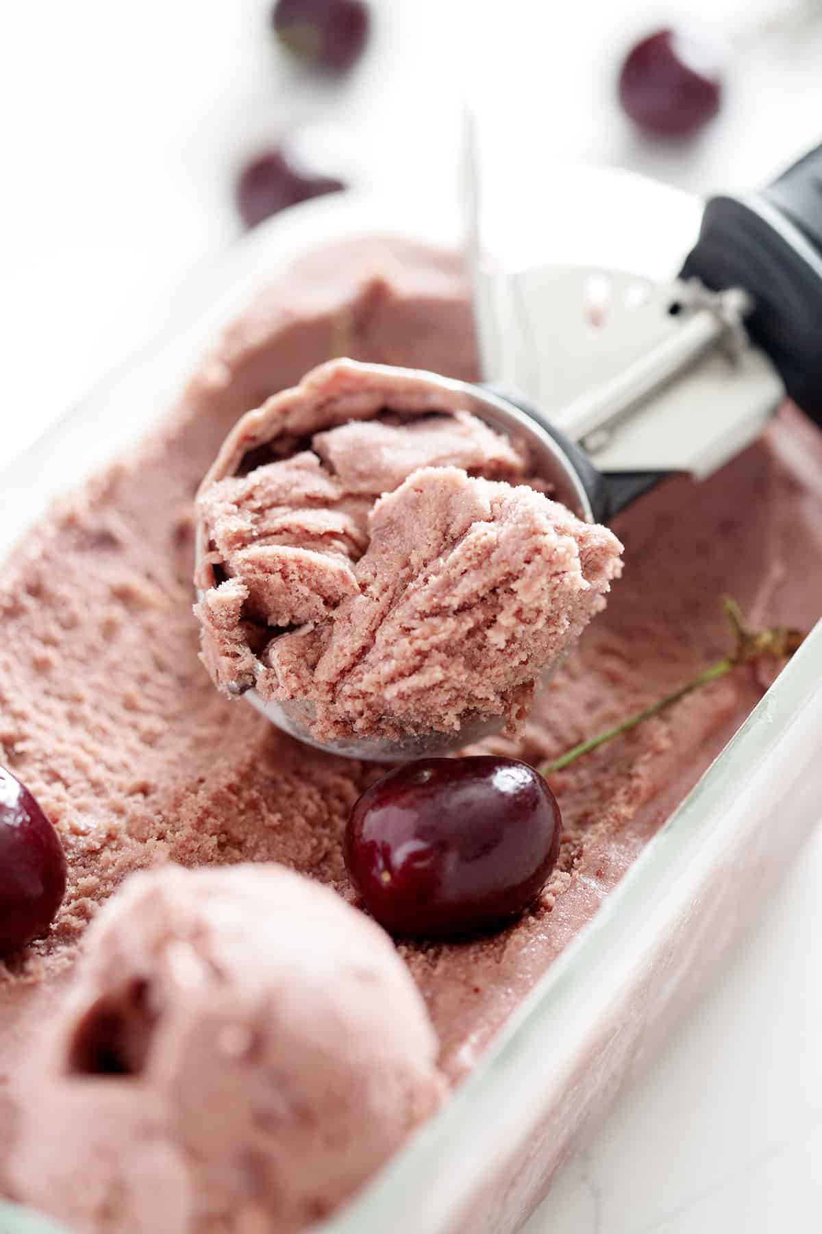 close up of scoop of AIP Black Cherry Ice Cream