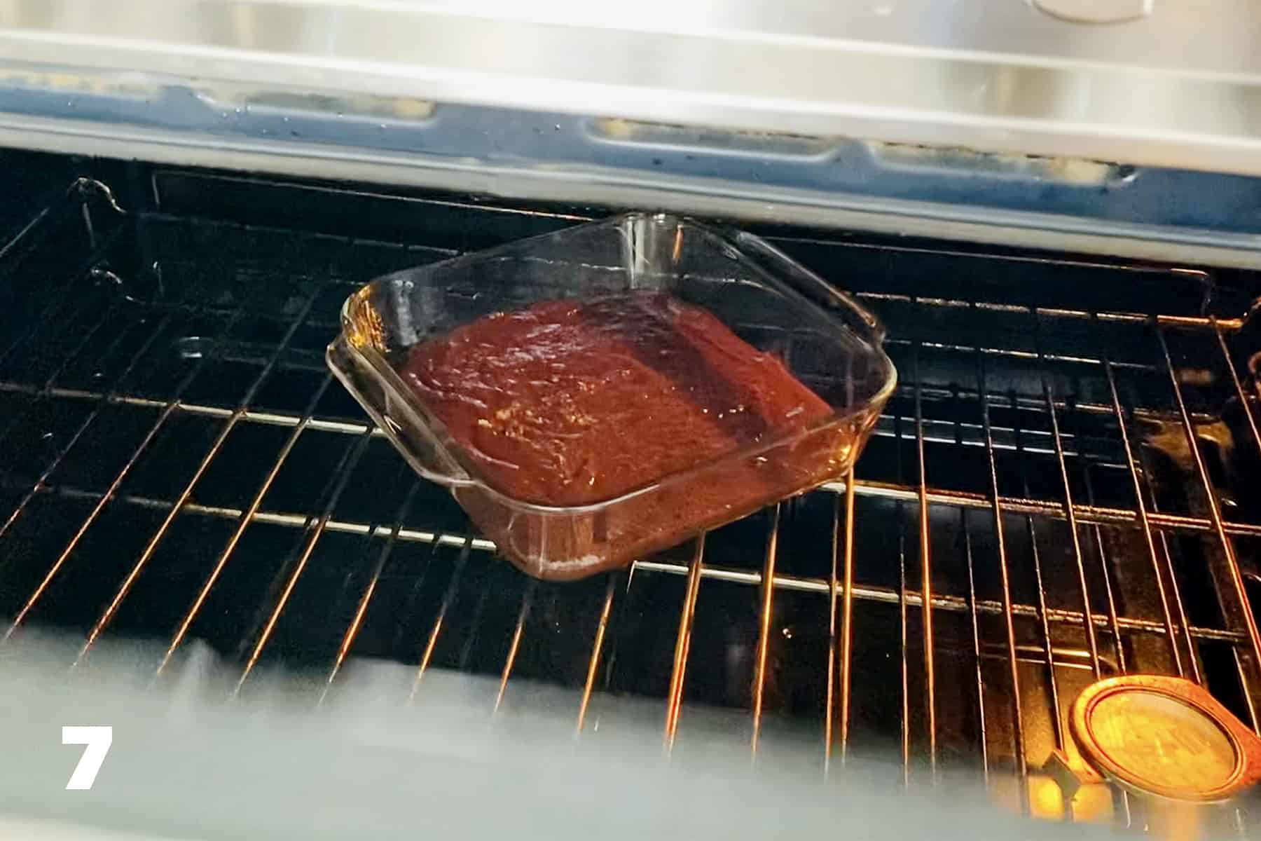 dairy free chocolate brownies in baking dish in oven
