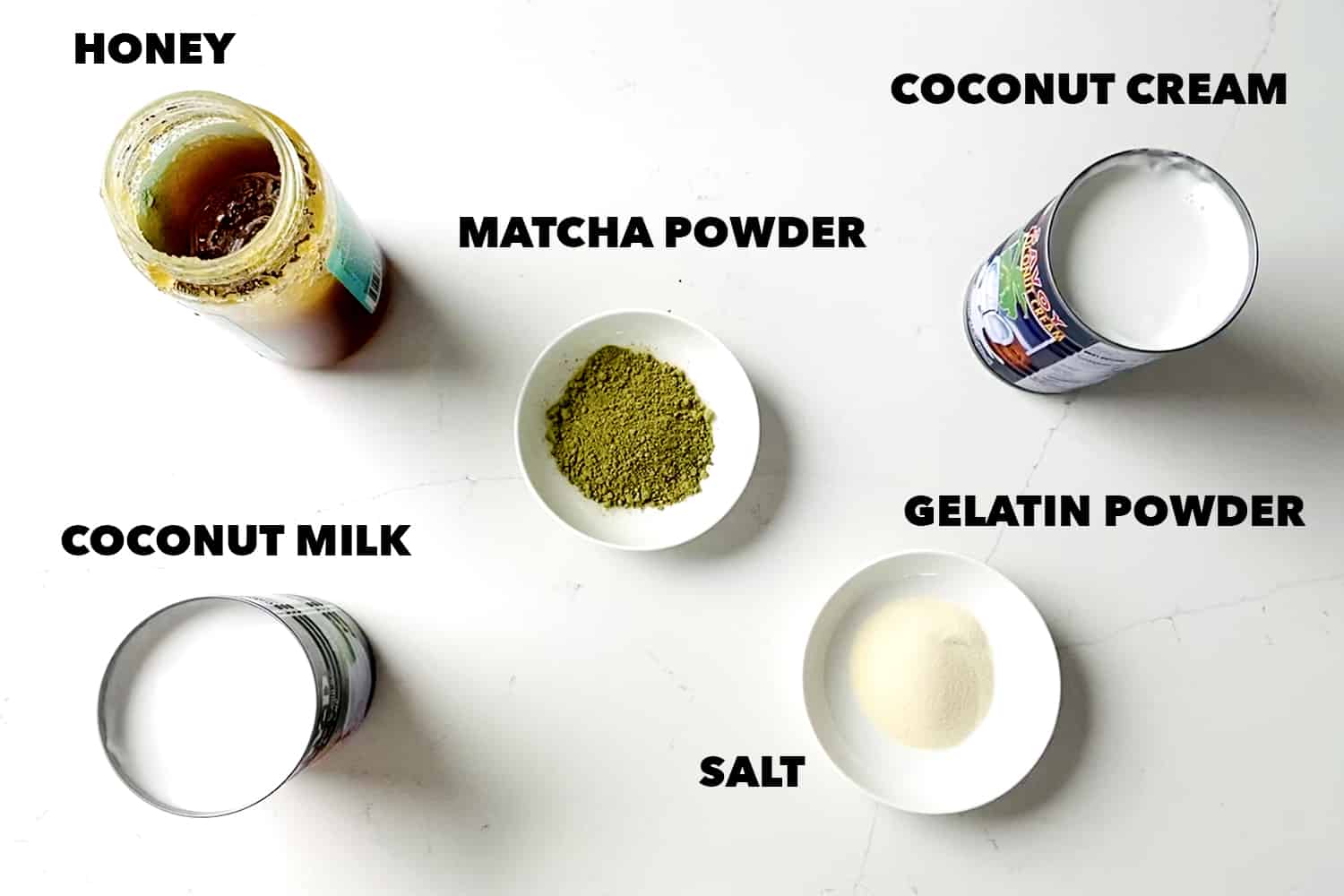 ingredients for matcha panna cotta on white background from above