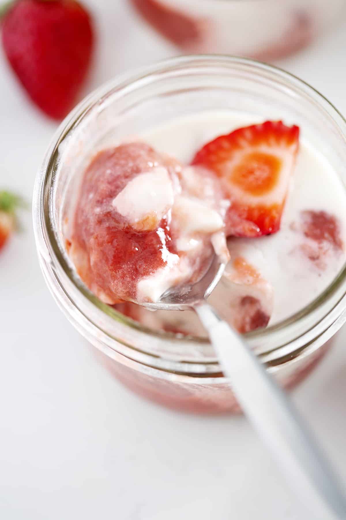 spoonful of AIP Strawberry Rhubarb Panna Cotta with Coconut Milk