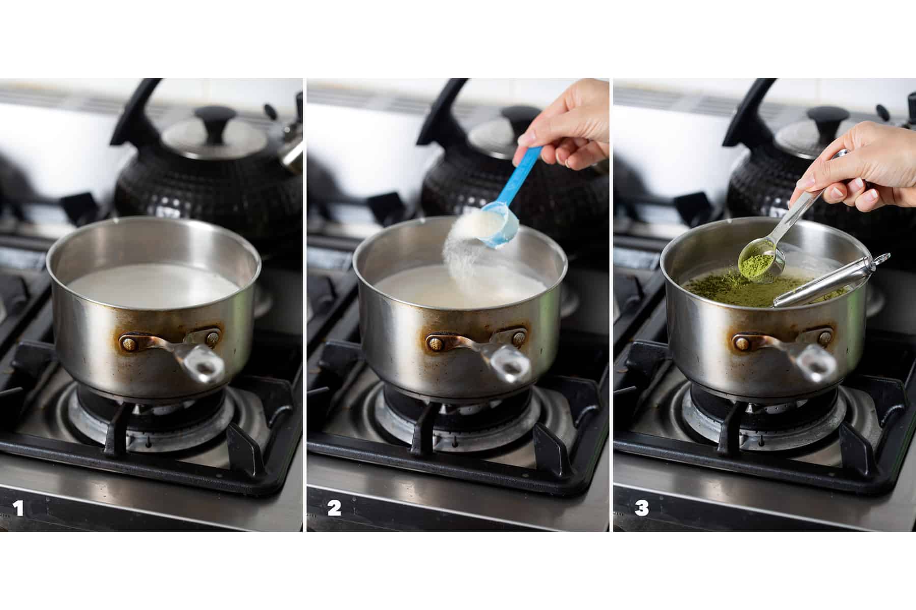 series of instructional photos pouring ingredients into saucepan
