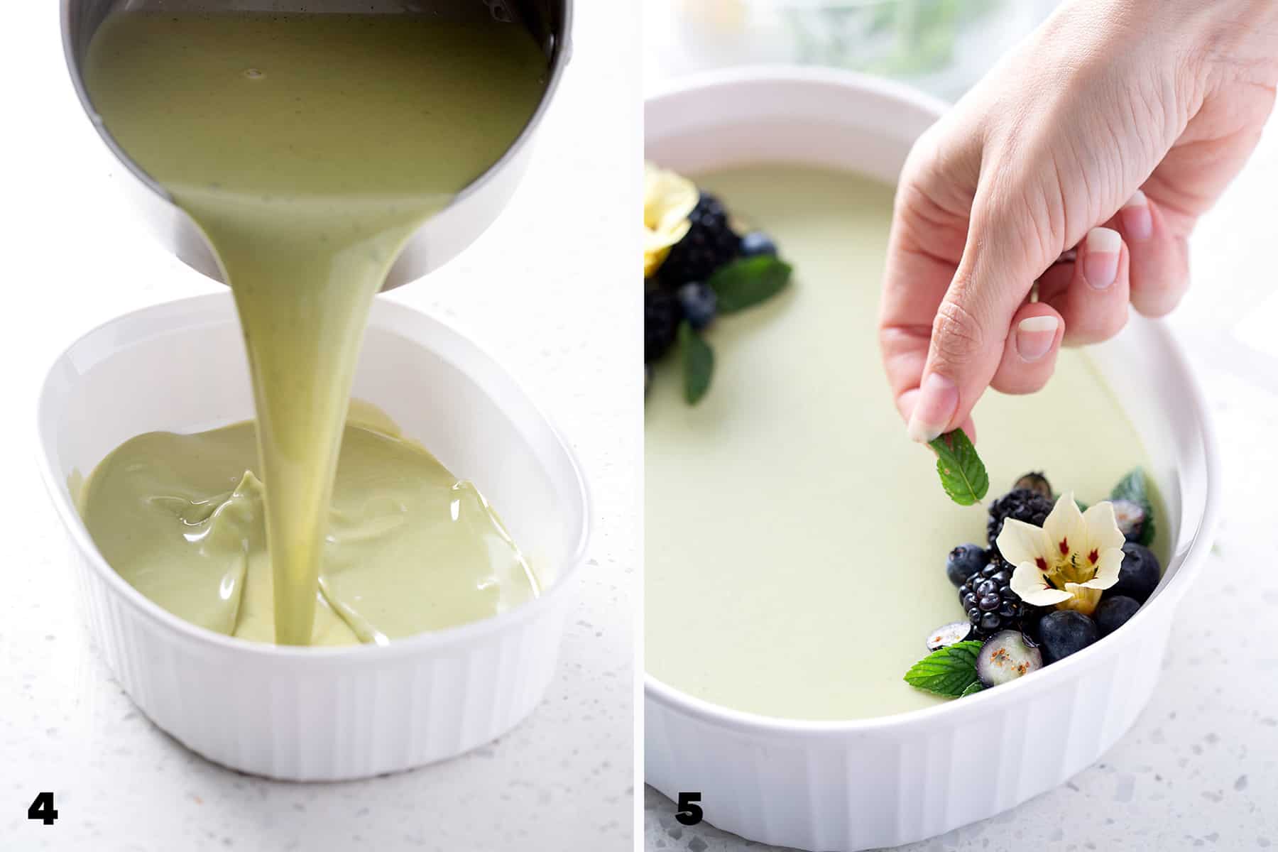 pouring liquid for matcha panna cotta into dish and then decorating