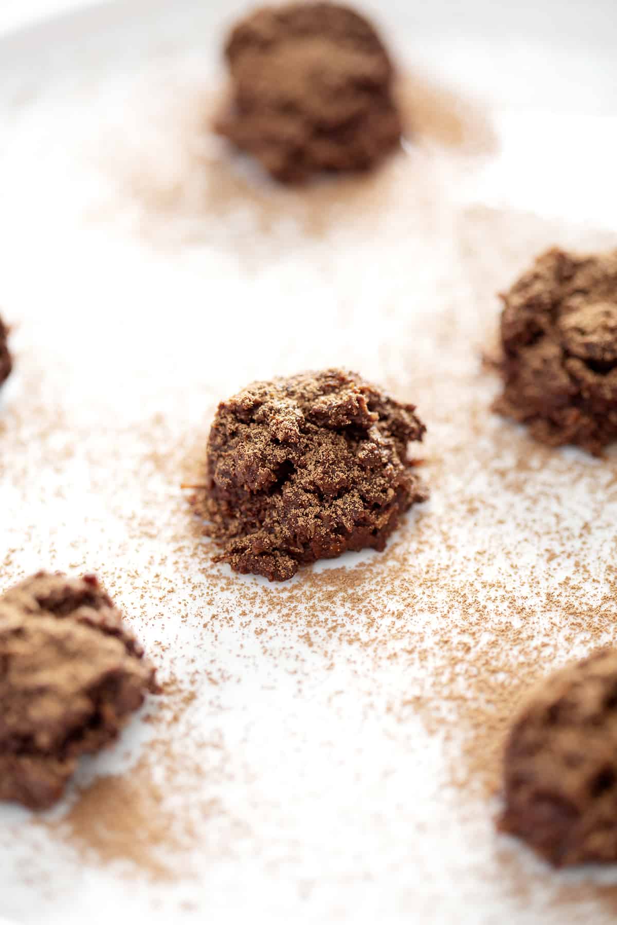 close up of cocoa dusted truffles on white plate