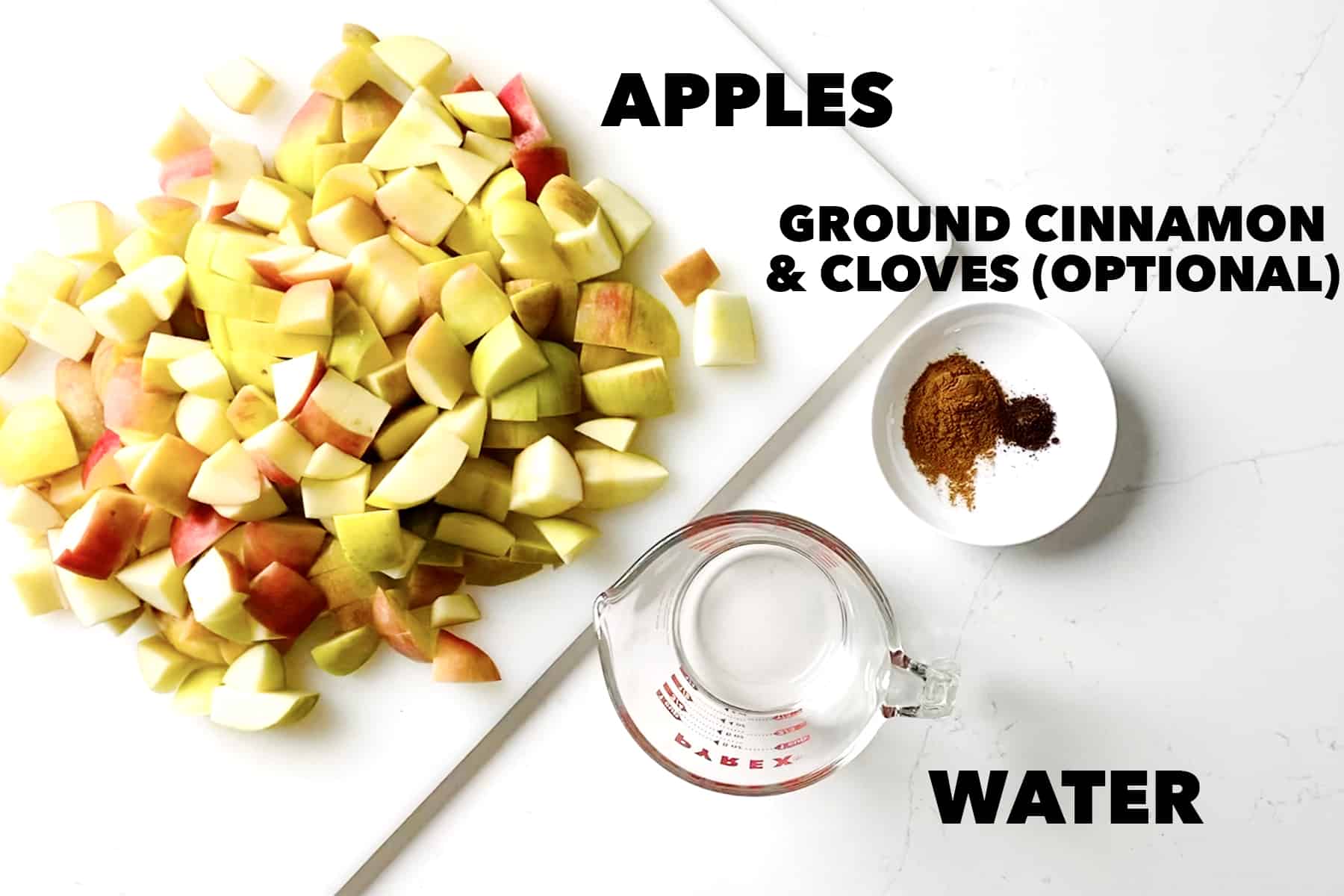 ingredients for homemade unsweetened applesauce (chopped apples, water and ground spices)