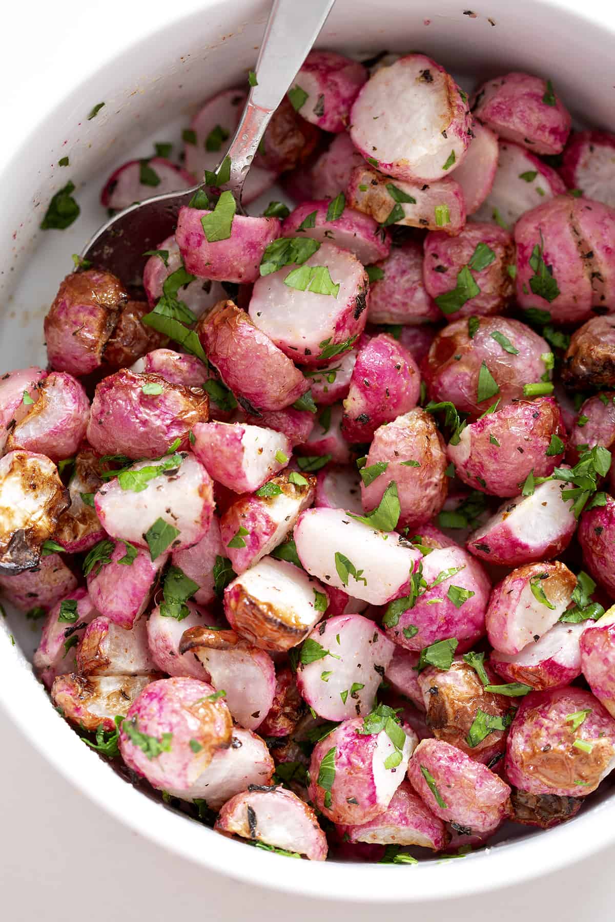 close up bowl of air fried radishes
