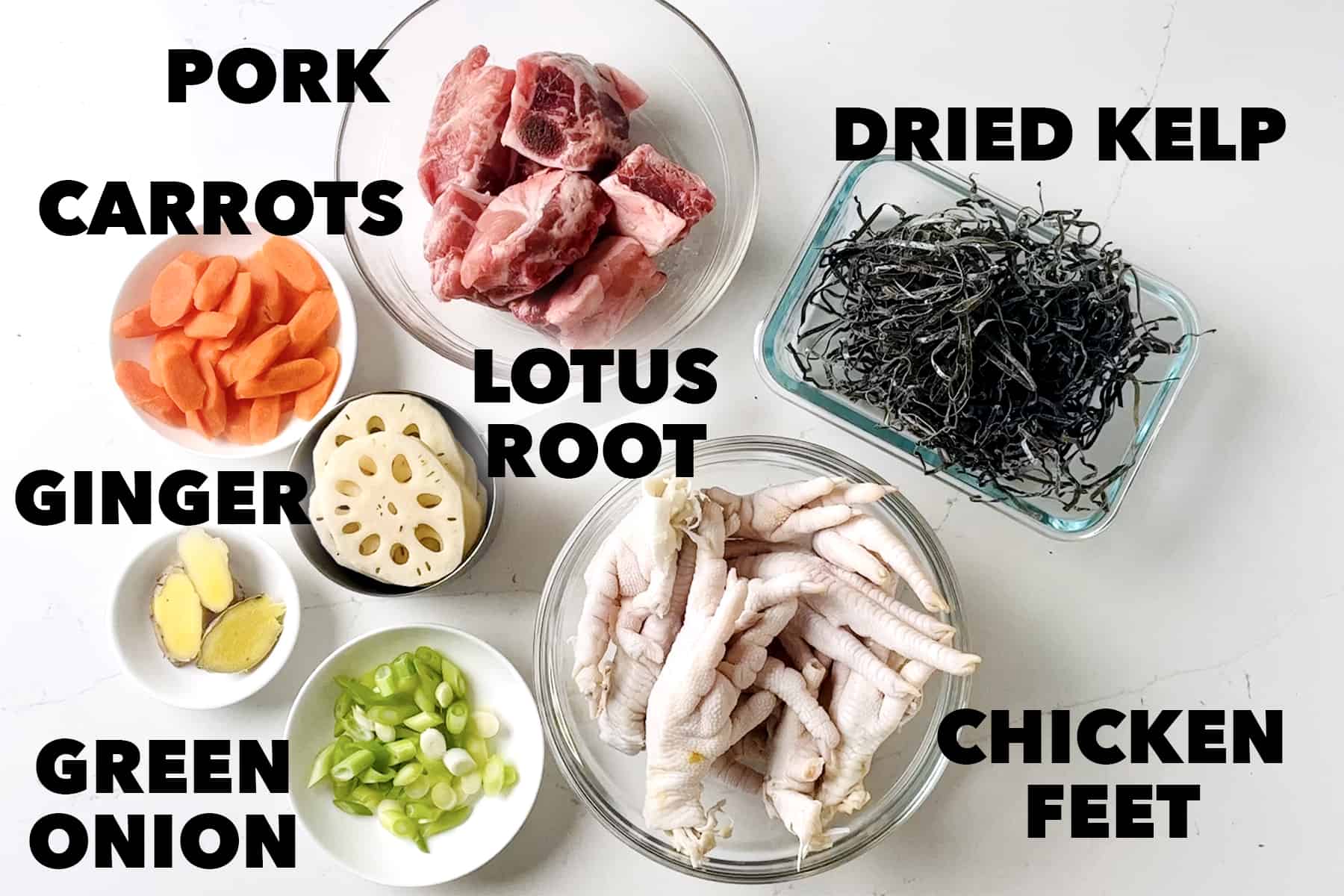 ingredients for Chicken Feet Soup in glass bowls