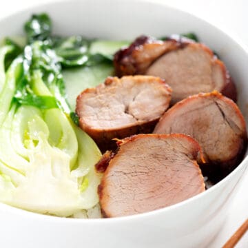 bowl of char siu pork tenderloin with bok choy