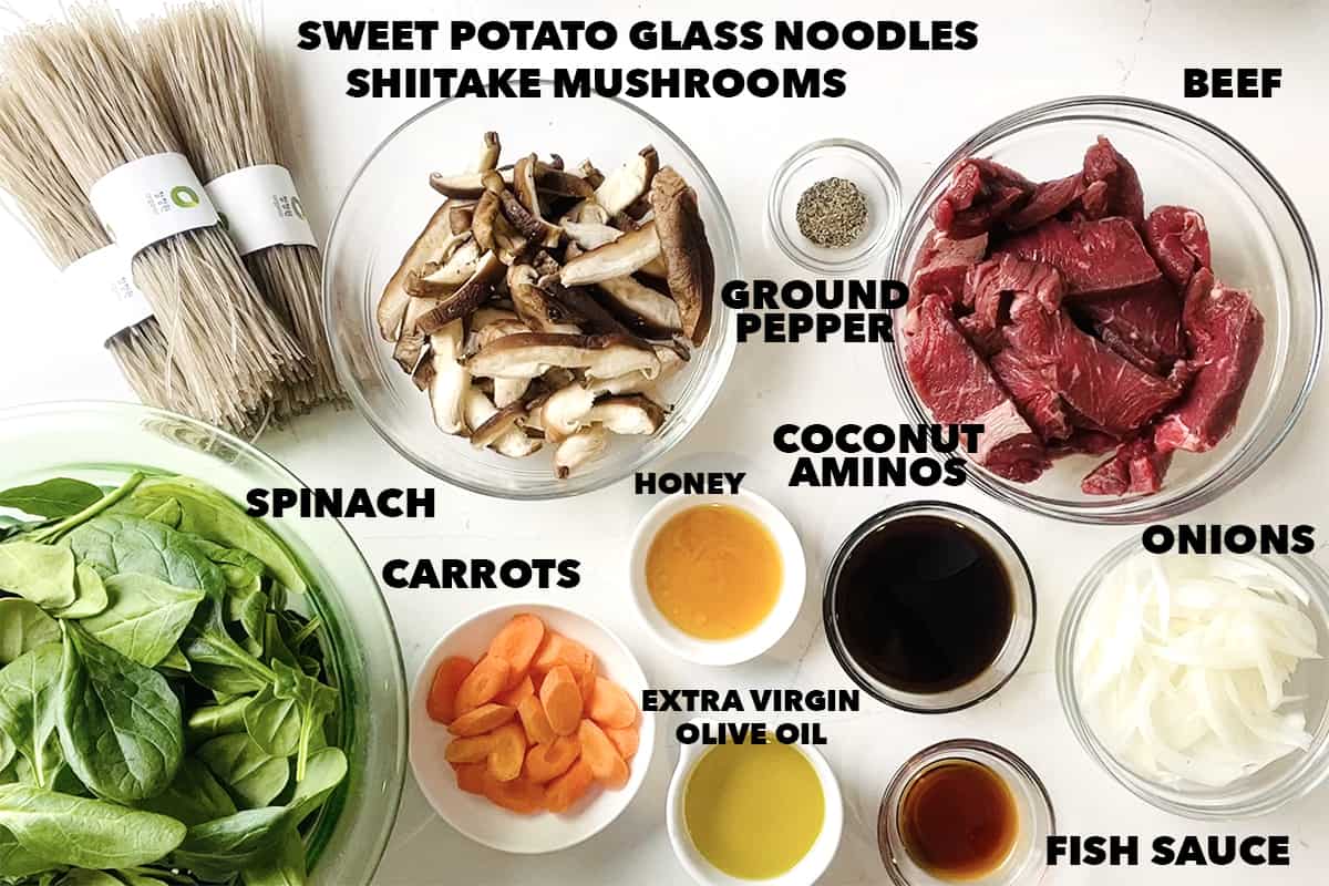 ingredients and labels for Sweet Potato Glass Noodles Stir Fry recipe