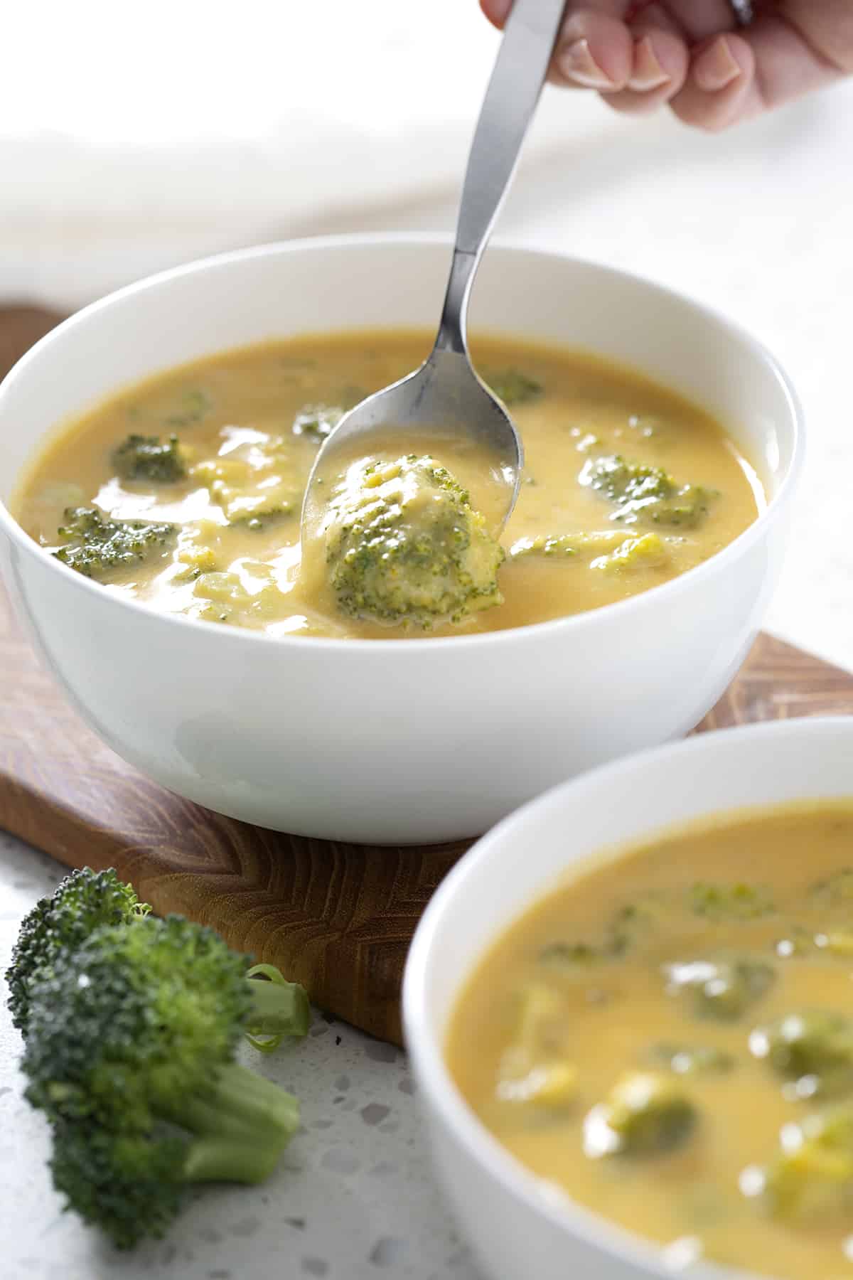 spoonful of vegan broccoli cheese soup 