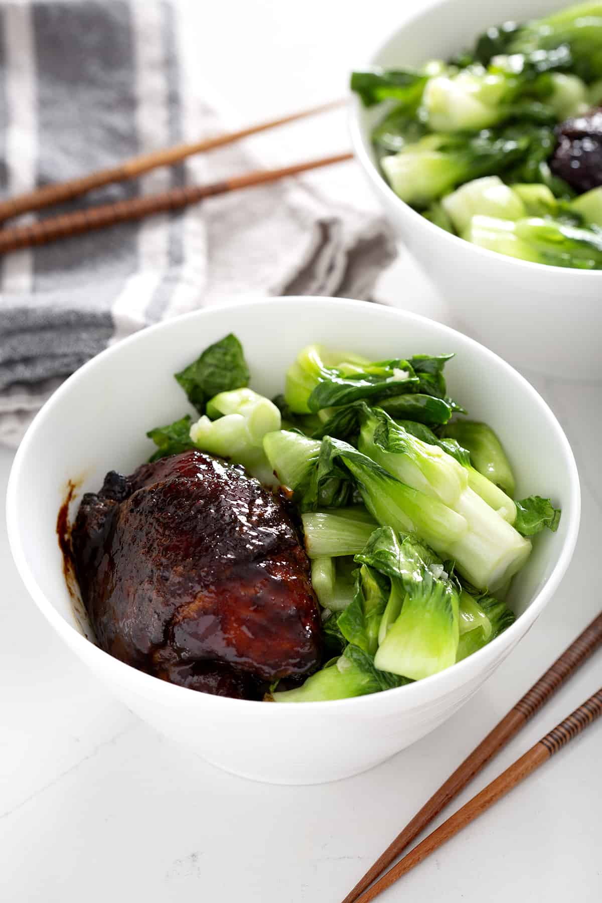 bowl of char siu chicken and garlich shanghai bok choy