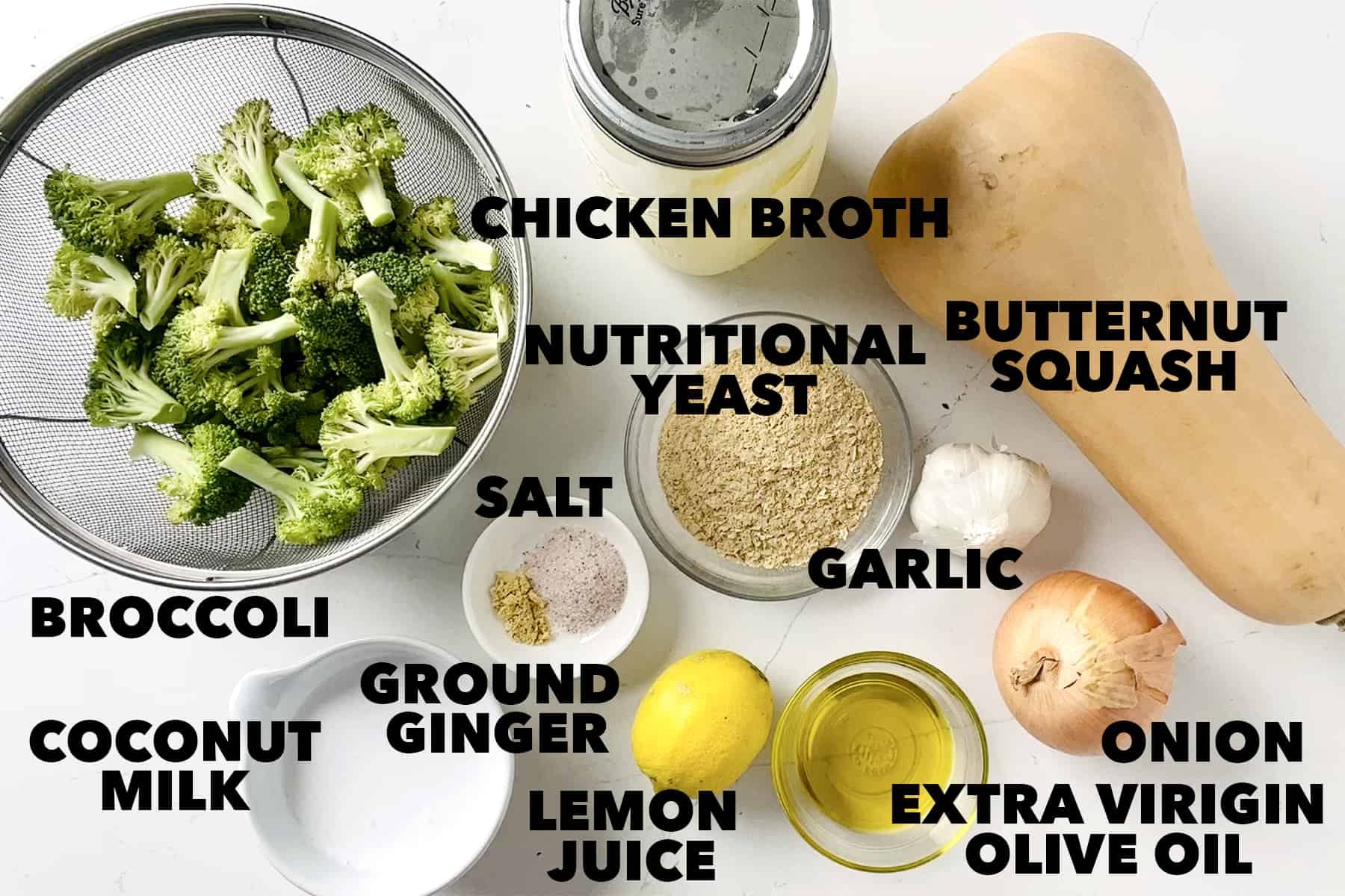 ingredients with labels for vegan broccoli cheddar soup