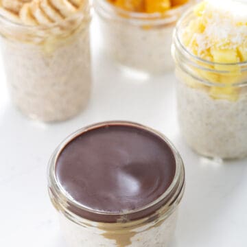 coconut milk overnight oats with 4 variations (snickers, mango, banana & pineapple)