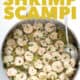 pan of dairy free shrimp scampi with spoon and text