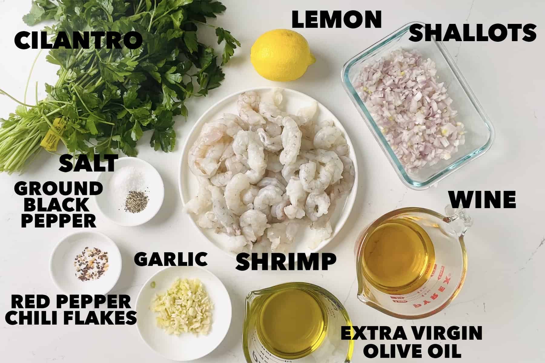 ingredients for shrimp scampi labeled