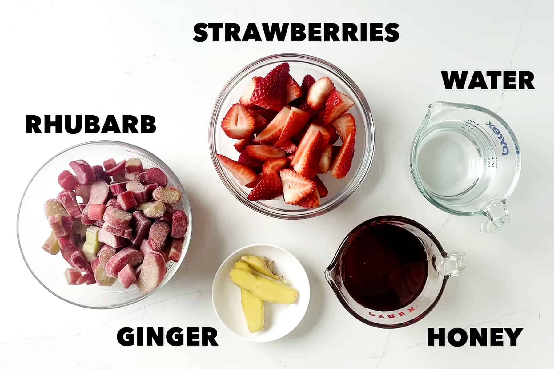 ingredients and labels for strawberry rhubarb simple syrup
