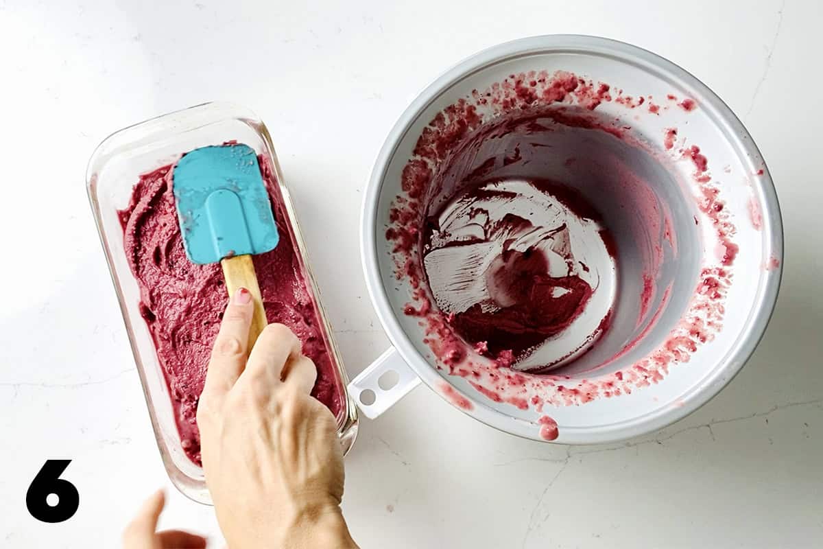 Adding AIP cherry ice cream to loaf pan for freezer