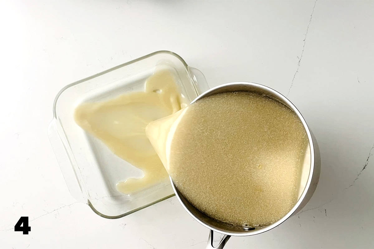 pouring pudding into glass baking dish
